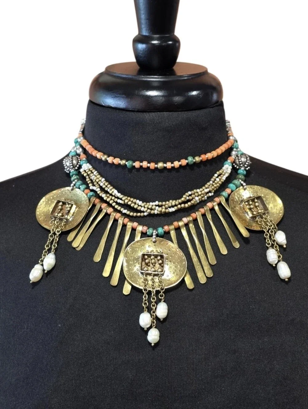 Layered Gold Medallion Necklace with Turquoise and Coral Beads
